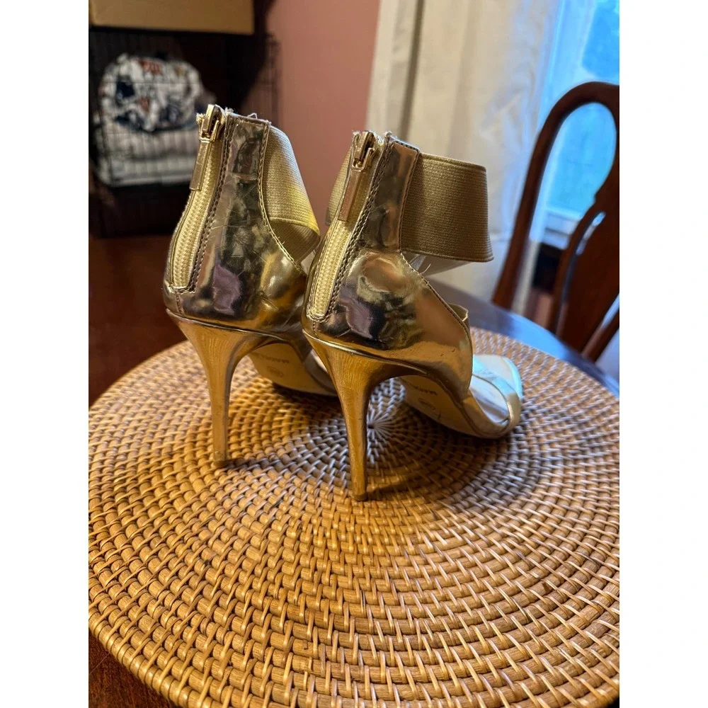 Madeline Girl Womens Metallic Gold Strappy Stiletto Heels Ankle Strap Size 8